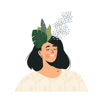 Wellness Calm Woman Go Green And Global Mind Concept. Green Positive Think, Healthy Lifestyle And Self Care. Smiling Inspired Girl With Fresh Leaves In Hair. Flat Vector Cartoon Illustration