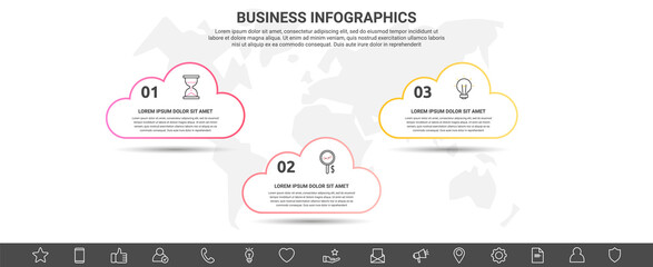 Infographic clouds. Vector line business concept of 3 options. Abstract template with three steps for diagram, web, banner, presentations, flowchart, content, levels, chart