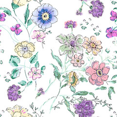 Gentle watercolor floral seamless print for fabric or packaging paper. Vintage style