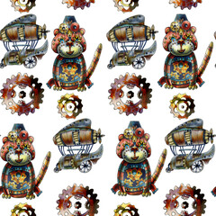 Watercolor seamless pattern with tiger and fantastic airships. pattern of a flying car, tiger in the steampunk style. Hand-drawn. Fantastic art. © Nadine.de.trevile