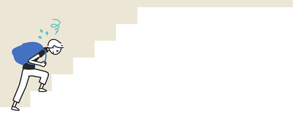 重い荷物を背負って階段を上る男性のバナー