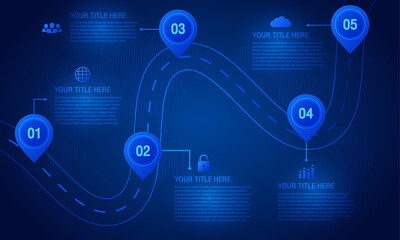 timeline digital concept with blue background. road map to success with pin pointers.road map timeline infographic.Timeline infographic 5 milestone like a 