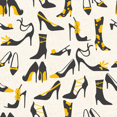 Black Fancy Footwear with Gold Details Vector Seamless Pattern