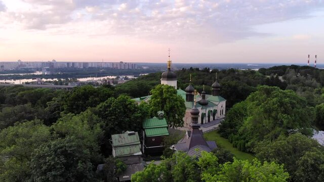 Holy Trinity Ioninsky Monastery. The drone flies around the church in a circle showing the panorama of the city.