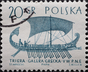 POLAND-CIRCA 1963 : A post stamp printed in Poland showing an antique sailing ship: antique...