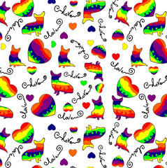 Obraz premium Seamless background with images of corgi puppies, rainbow colored hearts and 