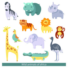 Wild animals collection Set: rhino elephant hippo crocodile parrot giraffe zebra tiger lion ostrich monkey Vector stock illustration White isolated background Cute stylized animals of Africa childrens