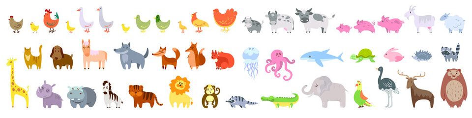 Set of cute domestic and wild animals, animals of the ocean and Africa Vector stock illustration White isolated background Farm bird cow bull calf pig goat sheep cat dog horse wolf fox  squirrel tiger