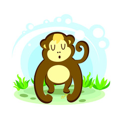 Obraz na płótnie Canvas Cartoon Root Macaque Monkey. Wild animal of Africa. Stylized character in the location. Glade with plants and sky. simplified style. Vector stock illustration. educational card for children. wildlife 