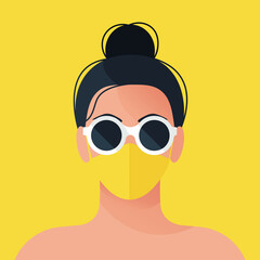 Young beautiful woman in Sunglasses and face Mask at Summer, during pandemic of Coronavirus Covid-19. Vector illustration in flat style, trendy 2021 colors