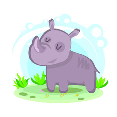 cartoon rhino. Wild animal of Africa. Stylized character in the location. Glade with plants and sky. simplified style. Vector stock illustration. educational card for children. wildlife
