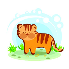 Obraz na płótnie Canvas cartoon striped tiger. Wild animal of Africa. Stylized character in the location. Glade with plants and sky. simplified style. Vector stock illustration. educational card for children. wildlife 