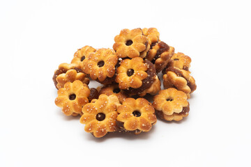 Biscuits stuffed with pineapple jam on white background, Pineapple shaped biscuits, Its sweet and sour taste and crunchy texture are popular with all ages (desserts, appetizers, snacks)