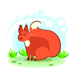 cute red squirrel. Cartoon children's style. Character in location. Glade with plants and sky. simplified style. Vector stock illustration. Wild, pets on the background of the landscape Forest animal
