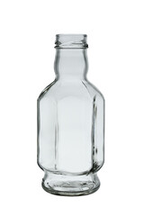 Empty glass bottle with sides for sauces and drinks. Isolated on a white background, close-up