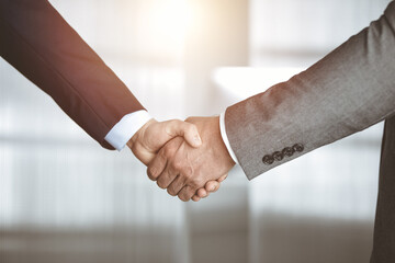 Business people standing and shaking hands in sunny office, close-up. Handshake and marketing