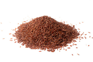 Pile of red rice (brown rice) isolated on a white background, Whole grain rice with lots of fiber and benefits, unpolished rice.