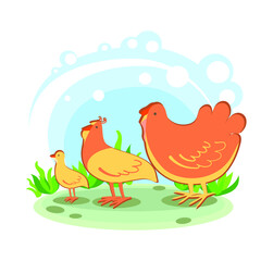 Obraz na płótnie Canvas family of turkeys. Cartoon children's style. Character in location. Glade with plants and sky. simplified style. Vector stock illustration. farm bird 