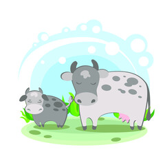 Cow and calf family. Cartoon children's style. Character in location. Glade with plants and sky. simplified style. Vector stock illustration. domestic agricultural farm animal. card for children
