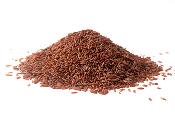 Pile of red rice (brown rice) isolated on a white background, Whole grain rice with lots of fiber and benefits, unpolished rice.