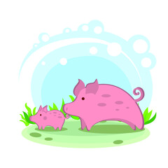pig with a piglet. Cartoon children's style. Character in location. Glade with plants and sky. simplified style. Vector stock illustration. domestic agricultural farm animal.
