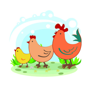 Rooster, chicken. Cartoon children's style. Character in location. Glade with plants and sky. simplified style. Vector stock illustration. domestic poultry.

