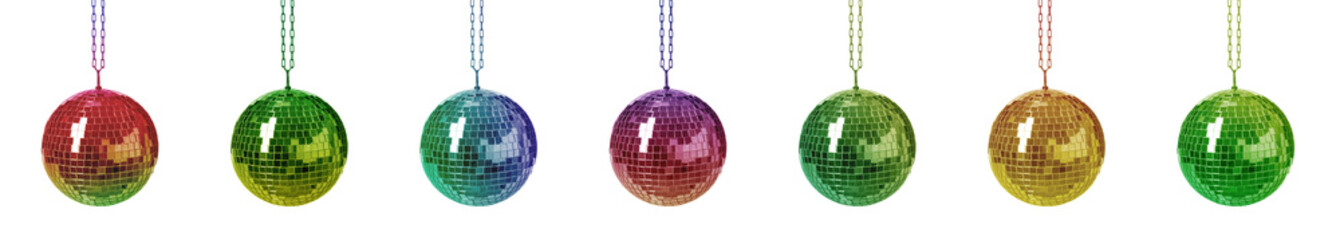 Set with colorful shiny disco balls on white background. Banner design