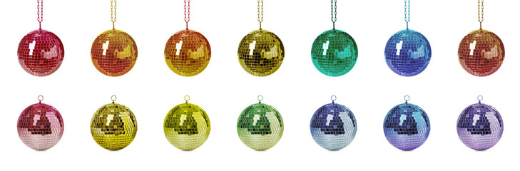 Set with colorful shiny disco balls on white background. Banner design