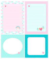Set of cute cards, letters, blanks, pages for notes in childish style in unicorn theme. Vector template suitable for to do list, card, party invitation and cute letter for postcrossing. 
