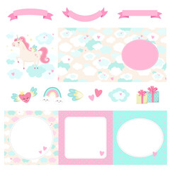 Unicorn theme. Big set of cute blank cards and tags with seamless pattern and decorative elements for DIY suitable for greeting, invitation, wish cards, birthday party, baby shower. Pastel colors. 