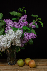 Lilacs of different varieties on a black background. Spring flowers. Lilac on a dark background