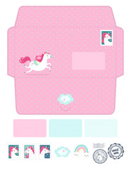 Magic vector die laser cut envelope template with unicorns. Fantasy and lovely set. Cute, colorful childish invitation or letter envelope mockup for laser or plotter cutting. Fairy envelope. 
