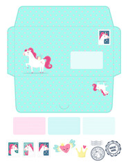 Magic vector die laser cut envelope template with unicorns. Fantasy and lovely set. Cute, colorful childish invitation or letter envelope mockup for laser or plotter cutting. Fairy envelope. 