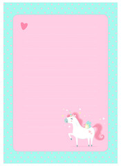 Letter, blank, wish list, page for notes in childish style in unicorn theme. Vector template suitable for to do list, party invitation and cute letter for postcrossing. 