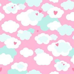 Cute seamless pattern with clouds in pastel colors. Great for baby fabric, textile, wallpaper, nursery room, scrapbooking or wrapping paper, party decoration. Kids cartoon vector background. 