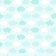 Cute seamless pattern with clouds in pastel colors. Great for baby fabric, textile, wallpaper, nursery room, scrapbooking or wrapping paper, party decoration. Kids cartoon vector background. 