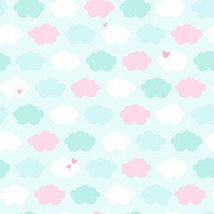 Cute seamless pattern with clouds in pastel colors. Great for baby fabric, textile, wallpaper, nursery room, scrapbooking or wrapping paper, party decoration. Kids cartoon vector background. 