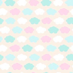 Cute seamless pattern with clouds in pastel colors. Great for baby fabric, textile, wallpaper, nursery room, scrapbooking or wrapping paper, party decoration. Kids cartoon vector background. 