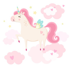 Fototapeta na wymiar Cute magical unicorn in pink clouds. Little princess theme. Vector hand drawn illustration. Beautiful fantasy cartoon animal. Great for kids party, greeting cards, invitation, print for apparel, book