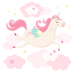 Cute magical unicorn in pink clouds. Little princess theme. Vector hand drawn illustration. Beautiful fantasy cartoon animal. Great for kids party, greeting cards, invitation, print for apparel, book