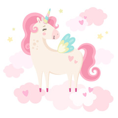 Obraz na płótnie Canvas Cute magical unicorn in pink clouds. Little princess theme. Vector hand drawn illustration. Beautiful fantasy cartoon animal. Great for kids party, greeting cards, invitation, print for apparel, book