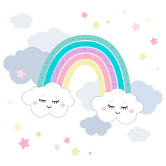 Cute magical rainbow and clouds in unicorn theme or little princess theme. Vector hand drawn illustration. Great for kids party, greeting cards, invitation, print for apparel, book illustration 