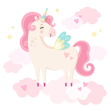 Cute magical unicorn in pink clouds. Little princess theme. Vector hand drawn illustration. Beautiful fantasy cartoon animal. Great for kids party, greeting cards, invitation, print for apparel, book