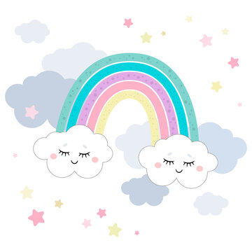 Cute magical rainbow and clouds in unicorn theme or little princess theme. Vector hand drawn illustration. Great for kids party, greeting cards, invitation, print for apparel, book illustration 