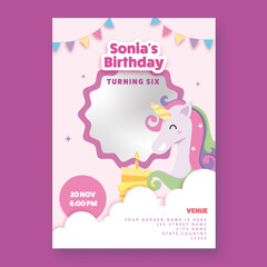Birthday Card Template Layout With Delicious Cake, Unicorn And Copy Space On Pink Background.