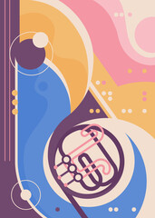 Abstract poster template with french horn. Flyer design for concert of classical music.