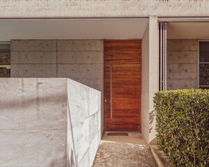 modern house concrete wall entrance and solid wood door, with green foliage plant by the corridor