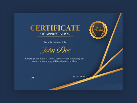 Certificate Of Appreciation Template Design In Blue And Golden Color.