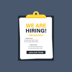 We are hiring. Vector flat illustration. Hiring recruitment design poster with clipboard on dark.