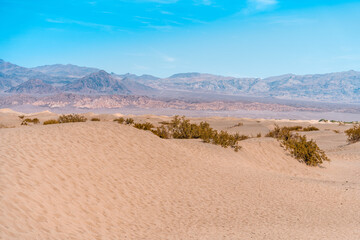 Scenic view on a hot day of the Mesquite Flat Sand Dunes in Death Valley, USA